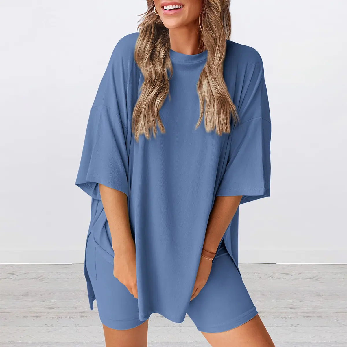 Crewneck Two-Piece Set For Women Summer Casual Oversized Split Hem Shirts & Side Pocket Biker Shorts